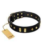 "De Luxe" Soft Black Leather Dog Collar With Brass Decorations FDT Artisan