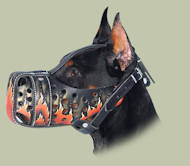 Hand painted leather dog muzzle Flame for Doberman, UK Hand painted leather dog muzzle Flame for Doberman, UK