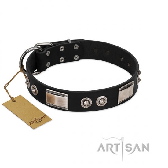 Elegant Black Leather Dog Collar Handmade Design