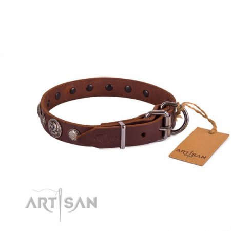 Premium Chocolate Brown Leather Dog Collar With Round Medallions FDT Artisan