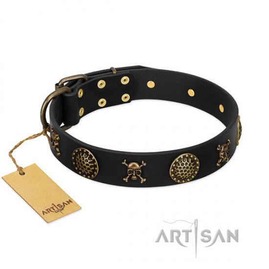 Black Leather Pirate Dog Collar with Skulls by FDT Artisan