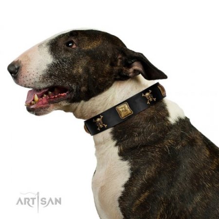 "Welcome On Board" Soft Black Leather Dog Collar With Crossbones And Skulls FDT Artisan