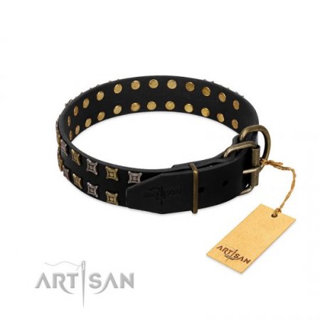 "Refined Pattern" Stylish Black Real Leather Dog Collar FDT Artisan