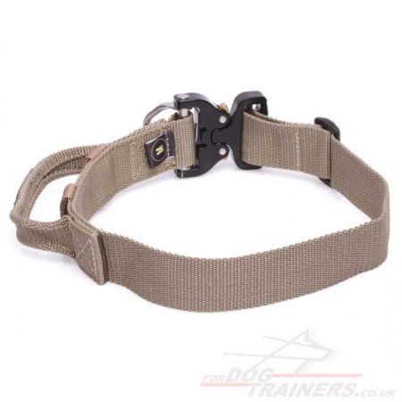 Khaki K9 Dog Collar with Handle Extra Strong for Working Dogs