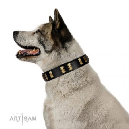 Gold & Black Leather Dog Collar 'Glorious Night' FDT Artisan