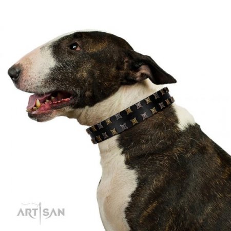 "Refined Pattern" Stylish Black Real Leather Dog Collar FDT Artisan