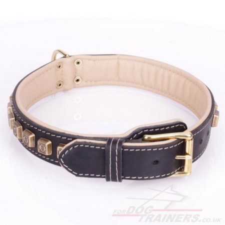 "Cube" Soft Black Leather Dog Collar With Brass Decorations