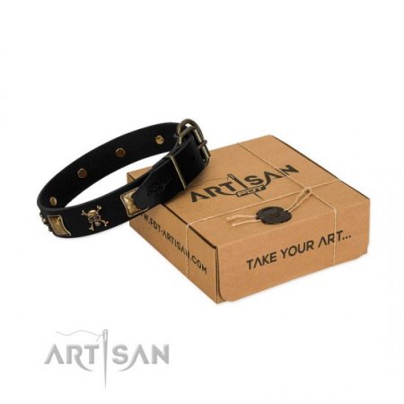 "Welcome On Board" Soft Black Leather Dog Collar With Crossbones And Skulls FDT Artisan