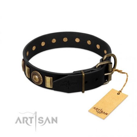 "Lion’s Pride" Durable Black Real Leather Dog Collar FDT Artisan
