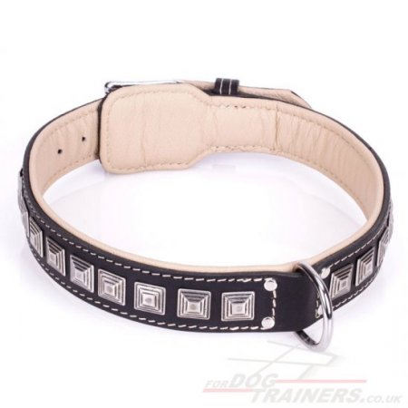 Ultramodern Black Real Leather Dog Collar Engraved With Shiny Studs