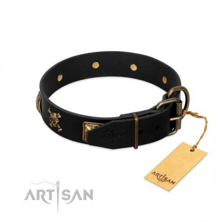 "Welcome On Board" Soft Black Leather Dog Collar With Crossbones And Skulls FDT Artisan