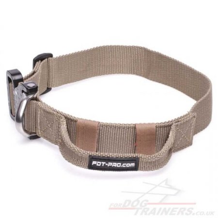 Khaki K9 Dog Collar with Handle Extra Strong for Working Dogs