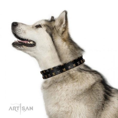 "Refined Pattern" Stylish Black Real Leather Dog Collar FDT Artisan