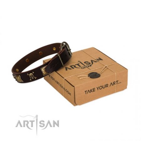 "Crazy Pirate" Exclusive Brown Leather Dog Collar With Brass Skulls FDT Artisan