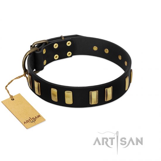 Gold & Black Leather Dog Collar 'Glorious Night' FDT Artisan - Click Image to Close