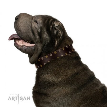 "To The Moon And Back" Studded Soft Brown Leather Dog Collar FDT Artisan