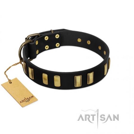 Gold & Black Leather Dog Collar 'Glorious Night' FDT Artisan