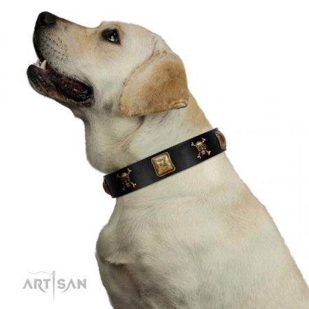 "Welcome On Board" Soft Black Leather Dog Collar With Crossbones And Skulls FDT Artisan