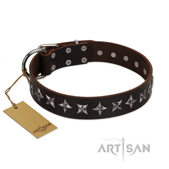 Studded Dog Leather Collar with Stars "Galaxy" Artisan