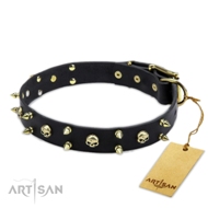 Stylish Brass Studded Black Leather Dog Collar FDT Artisan