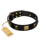 "Welcome On Board" Soft Black Leather Dog Collar With Crossbones And Skulls FDT Artisan
