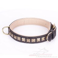 "Pyramid" Adorable Black Leather Collar For Dog With Adornment