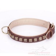 "Cube" Tough Brown Leather Dog Collars UK With Decorations