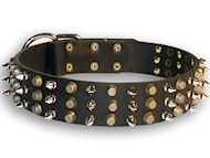 Exclusive leather dog collar with spikes-pyramids design