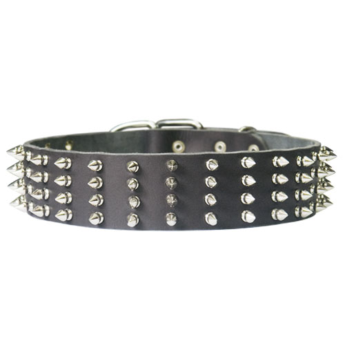 Leather Dog Collar 4 Rows Spiked, 2 inch Wide Best Quality!