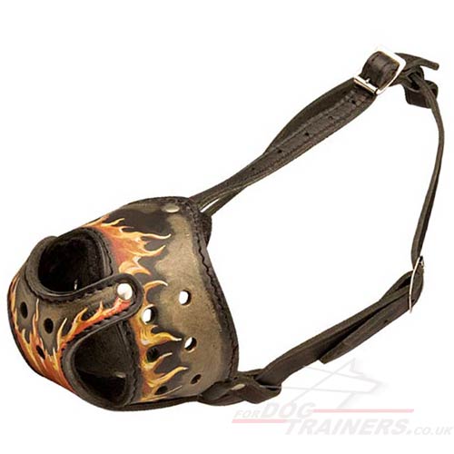 Leather Dog Muzzle UK Bestseller Flame-Painted Design Daily