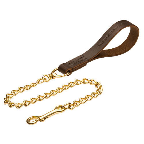 Dog Chain Lead + Leather Handle Herm Sprenger Exclusive Design - Click Image to Close