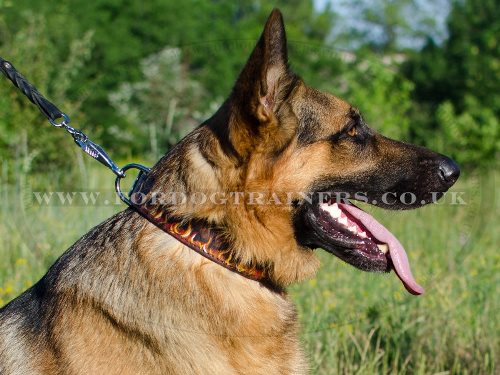 Cool Hand Painted Leather Dog Collar for German Shepherd "Flame" - Click Image to Close