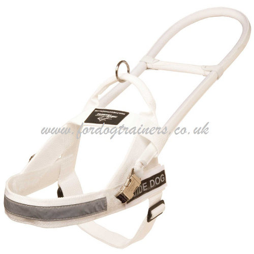 Large White Dog Harness for Guide Dogs with Long Handle, High Vis