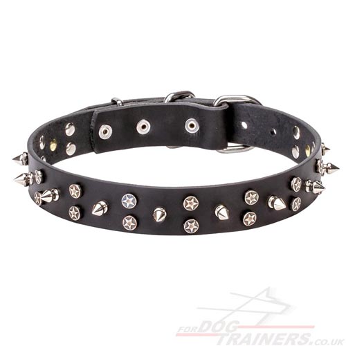 Designer Leather Dog Collar with Steel Stars and Spikes