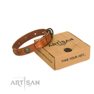 NEW! Natural Leather Dog Collar with Pirate Skulls and Medals NEW! Natural Leather Dog Collar with Pirate Skulls and Medals