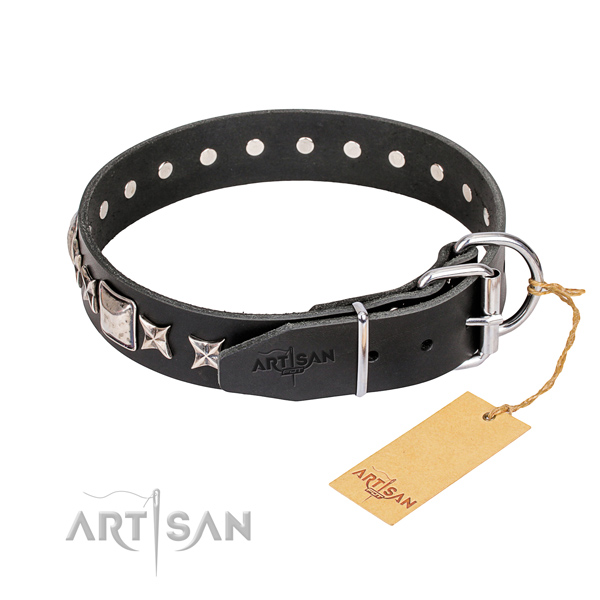 Black Leather Dog Collar with Buckle