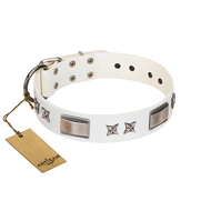 FDT Artisan White Leather Studded Dog Collar with Stars & Plates FDT Artisan White Leather Studded Dog Collar with Stars & Plates